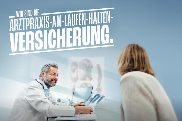 Kampagnenbild: Zeigt einen Slogan und einen Arzt, der im Gespr&auml;ch mit einer Patientin ist.