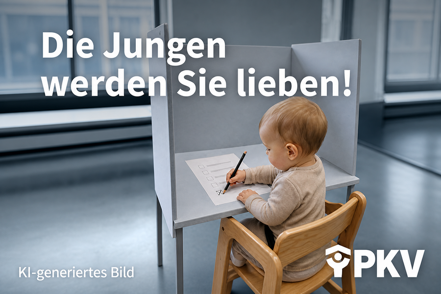 Kampagnenmotiv Baby in Wahlkabine mit stift in der Hand
